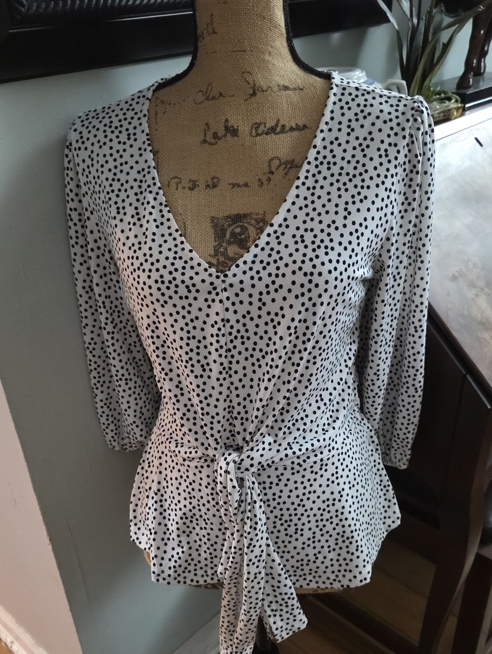 White Polka Dot V-Neck Tie-Waist Blouse